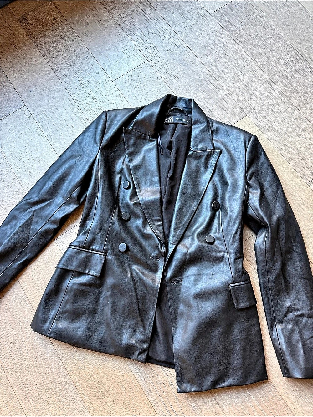 ZARA Faux Leather Double-Breasted Blazer Black